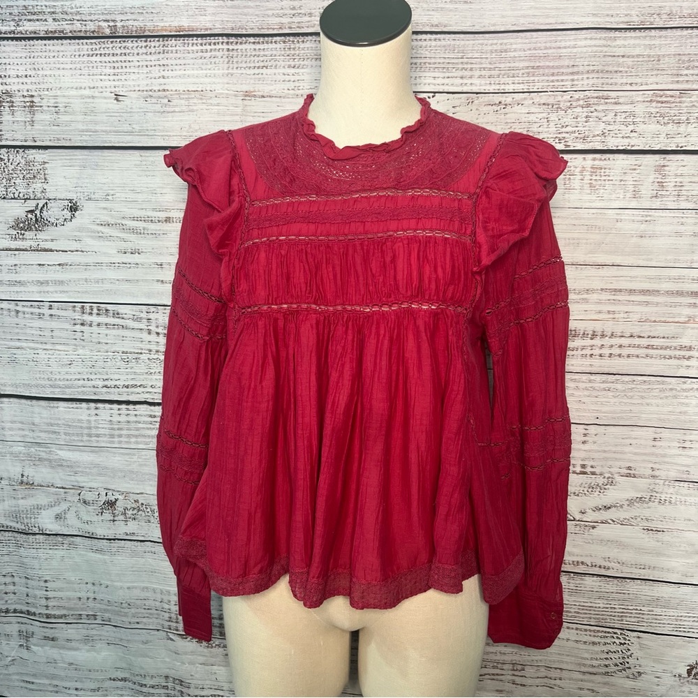 ISABEL‎ MARANT ETOILE Women's Lace Long Sleeve Blouse Red Size 40 LARGE